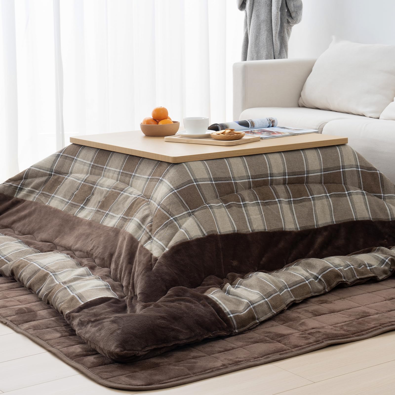HOMFINE こたつ布団 正方形 大判 単品 205x205cm 両面使える こたつふとん リバーシブル こたつ用布団 あったか 厚手 先染めチェック フランネル こたつ掛け布団 適応こたつ台:80