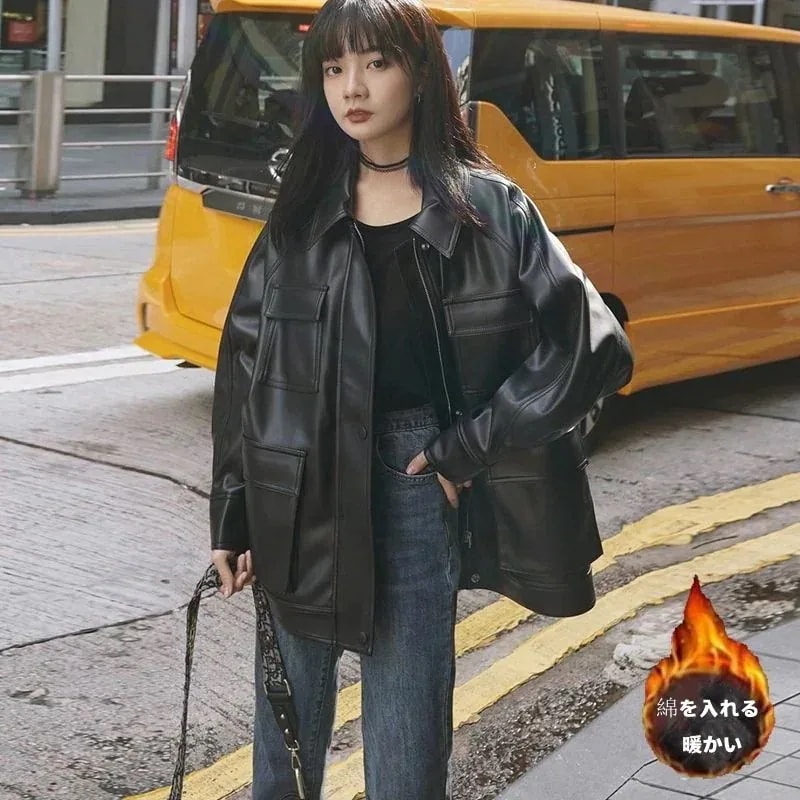 ムートンファッション 韓国 トップス コート レザージャケット 防風 セミロング 港風 PU革 ゆったり おしゃれ 皮ジャンパーアウター