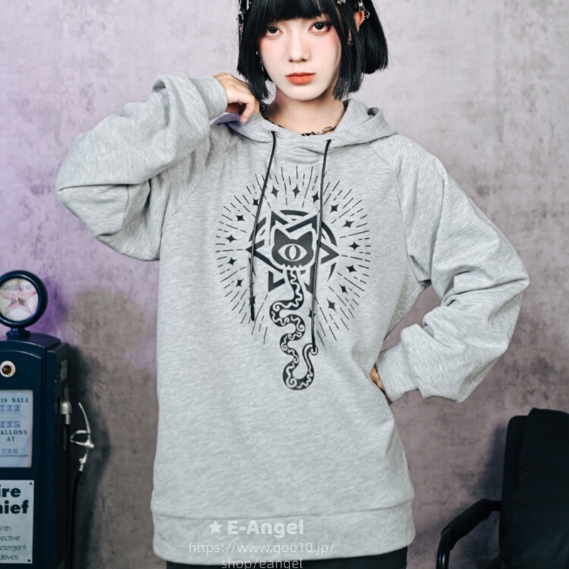 パーカー グレー 長袖 レディース フード付き チャイナ風トップス 男女兼用 メンズ カップル服 オリジナルプリント ゆったり かっこいい 個性的 中華服
