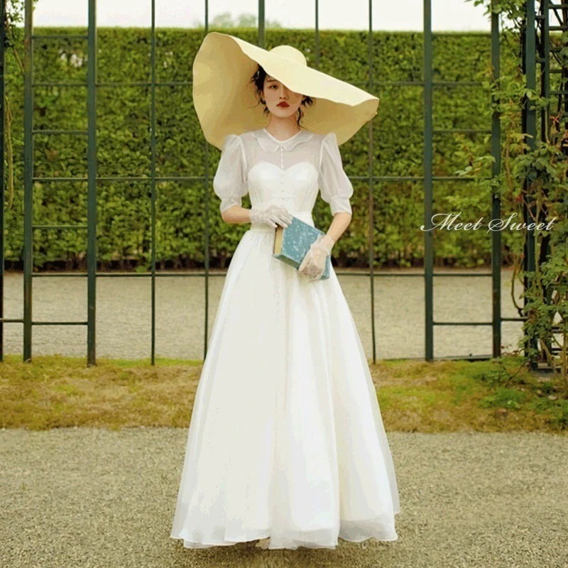 ウェディングドレス ロングドレス オフホワイト 半袖 シフォン 花嫁 二次会 結婚式 発表会 二次会 披露宴 リゾートウェディング ブライダル 撮影 海外挙式 パフスリーブ 前撮り ウエディングドレス