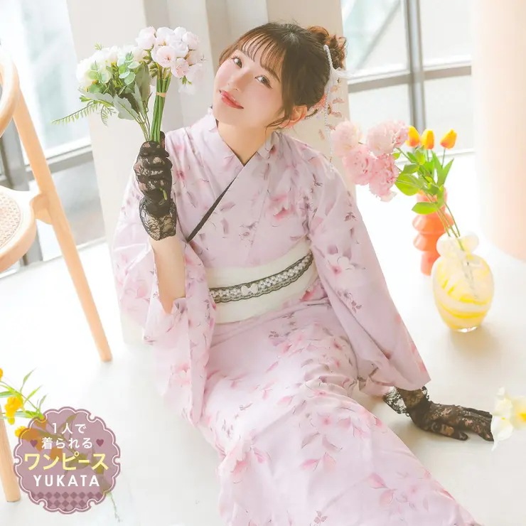 Tika 水彩大花柄ワンピース浴衣 3点セット 浴衣 羽織 ワンピース 兵児帯 セパレート セットアップ リゾート レディース浴衣 ガーリー浴衣 ニュアンスフラワー ピンク ホワイト Fサイズ 上ノ堀