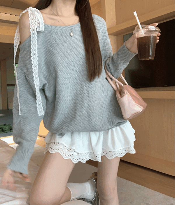 フェイク ツーピース ワンショルダー レース フリル パンチング ミニワンピース