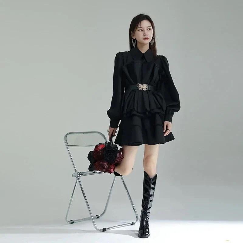 【J.Fashion】 春 Aライン ショートワンピース 蝶ベルト付き フリル ケーキスカート プリーツ レディースワンピース 体型カバー 日焼け止め オールインワン メガ割30%までに制限