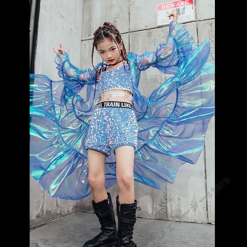 キッズダンス衣装 ヒップホップ 子供用 ショートパンツ ブルートップス 袖なし K-POP 演出服