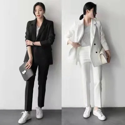 レディースパンツスーツセット20代30代40代春物９分パンツスーツセットOL韓国風 事務服大きいサイズスーツ オフィスビジネス 面接 就活 卒業式 /黒/白/ワイン
