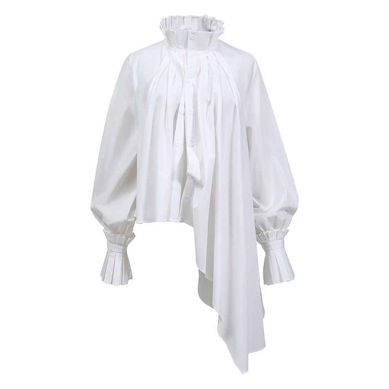 アシンメトリーブラウス ドレープ プリーツ シャツ ブラウス 長袖 上品 スタンドカラー フレアブラウス お洒落 個性的 シンプルデザイン モード レトロ調 ホワイト ブラック ２カラー a4427