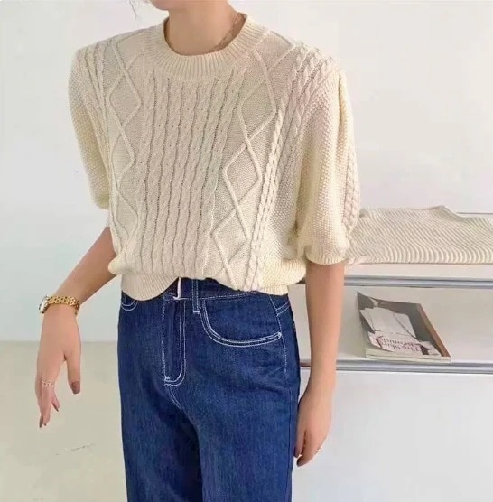 レディース トップス ニット ショート 半袖 パフスリーブ ラウンドネック 伸縮性 ケーブルニット 大人可愛い カジュアル 上品 おしゃれ レトロ 無地 春 秋 デート お出かけ オルチャン ママ