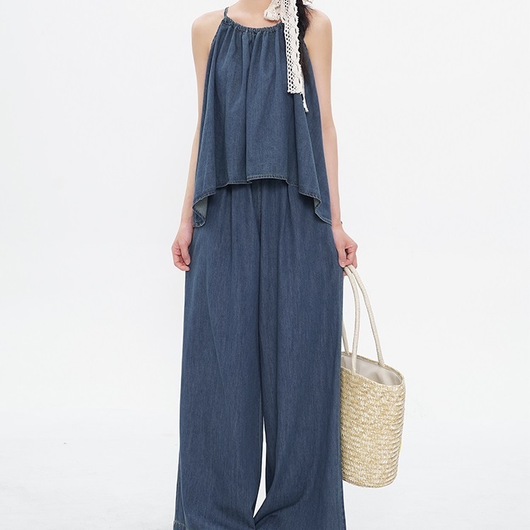 レディース トップス パンツ ボトムス セットアップ デニム ワイドパンツ ロング 丈長 袖なし ノースリーブ キャミソール スクエアネック ワイド Iライン 裾ワイド ポケット ハイウエスト