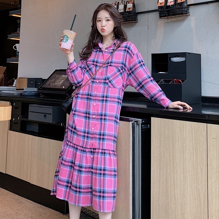 ワンピース レディース シャツワンピース ティアードワンピース 膝下 ミモレ 袖あり 長袖 前開き チェック柄 ロング丈 カジュアル かわいい レトロ 休日 マタニティ ピンクブルー 韓国 モテ XL 6,042円