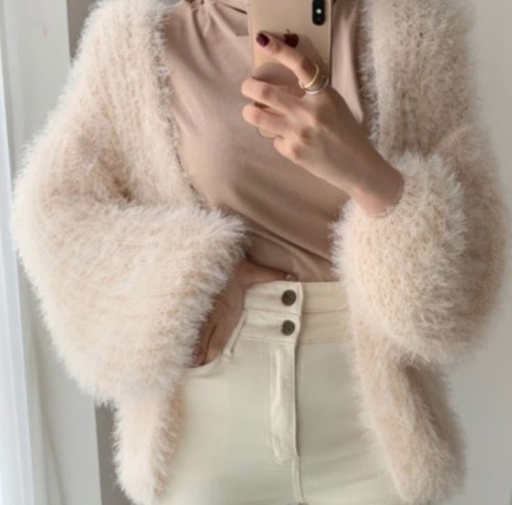 トップス デート カットソー カーディガン かわいい 大人可愛い きれいめ シンプル カジュアル カーディガン 羽織 前開き モヘア ふわふわ もこもこ ホワイト ピンク 冬 春 韓国 モテ コーデ