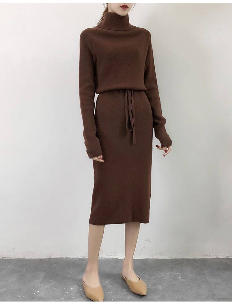 ニット ワンピース レディース 長袖 萌袖 ハイネック 白 黒 茶色 グレー カーキ 無地 ウエストマーク リボン ミモレ 膝下 フリーサイズ きれいめ シンプル お洒落 カラバリ お出かけ 普段使い