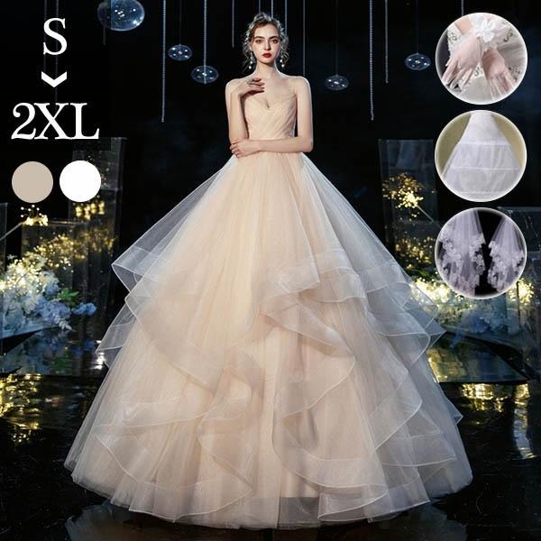 花嫁 ウェディングドレス Aライン キャミソール ビスチェ ペプラムスカート フリルスカート 白ドレス ワンピース プリンセス 結婚式