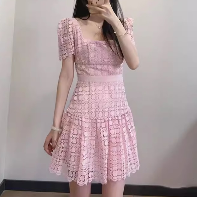 レディース スカート ワンピース プルオーバー ドレス ミニスカート レーススカート ミニ ショート 膝上 半袖 スクエアネック 襟なし ノーカラー レース レースアップ 透け感 シースルー 薄手