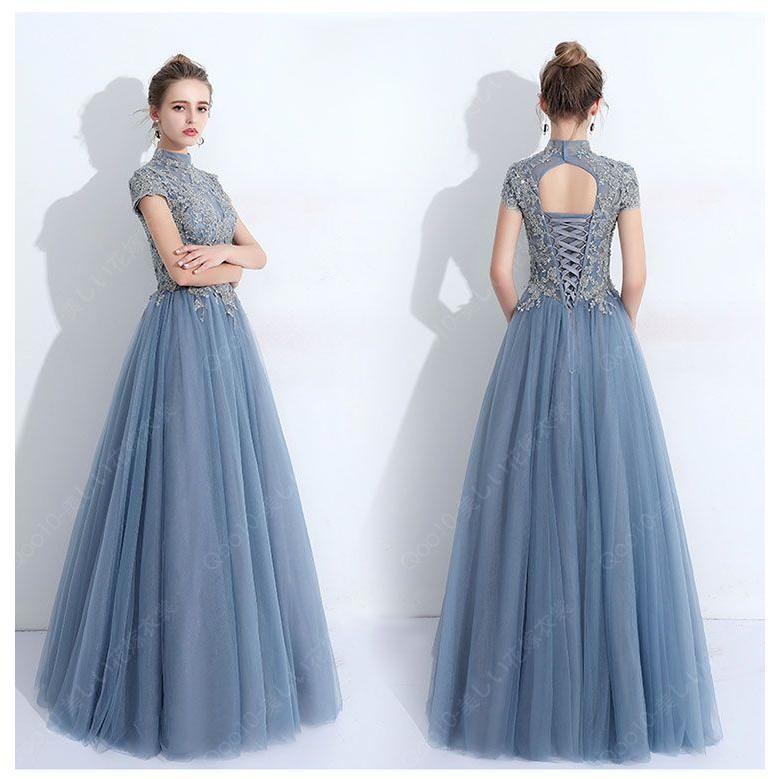 ロングドレス 演奏会 他と被らない 袖付き ロングドレス 演奏会用ドレス ハイネック ドレス 大人 ピアノ 発表会 ブルー ワインレッド ゴール-88 6,751円