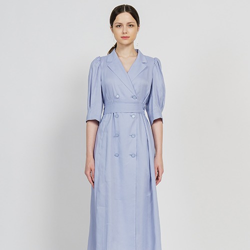 Linen Blended Double-Breasted Summer Midi Coat-Dress_BRUNNERA BLUE
