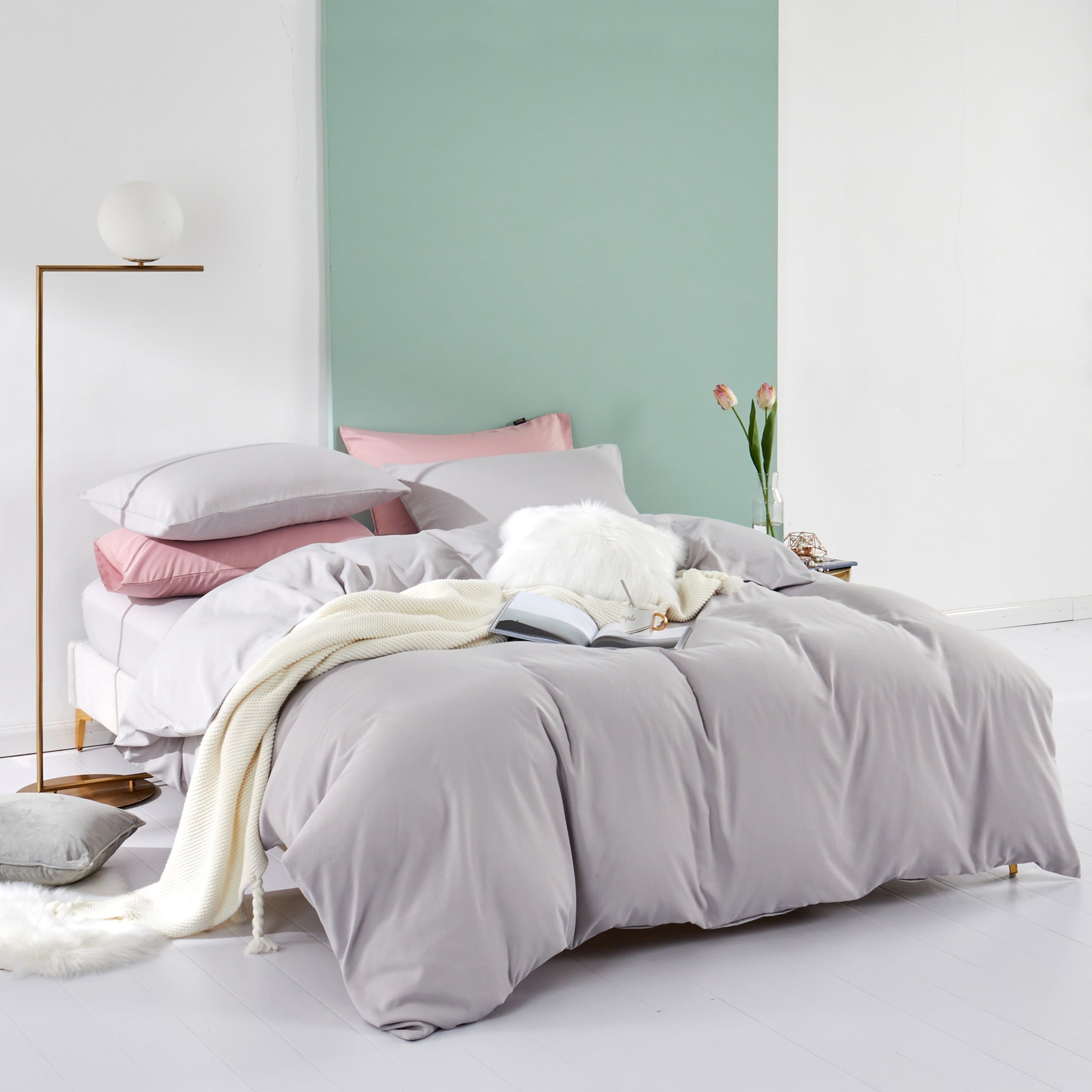 布団カバーセット シングル 4点セット グレー 掛け布団カバー ボックスシーツ 枕カバー 2枚入り マイクロファイバー100% 速乾 通気 防ダニ ピーチスキン加工