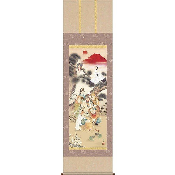 掛軸/開運画/開運七福神/吉祥七福満願図/鵜飼雄平/竹翠会/洛彩緞子本表装/尺五サイズ幅54.5cm/桐箱畳紙収納/表装品質十年保証
