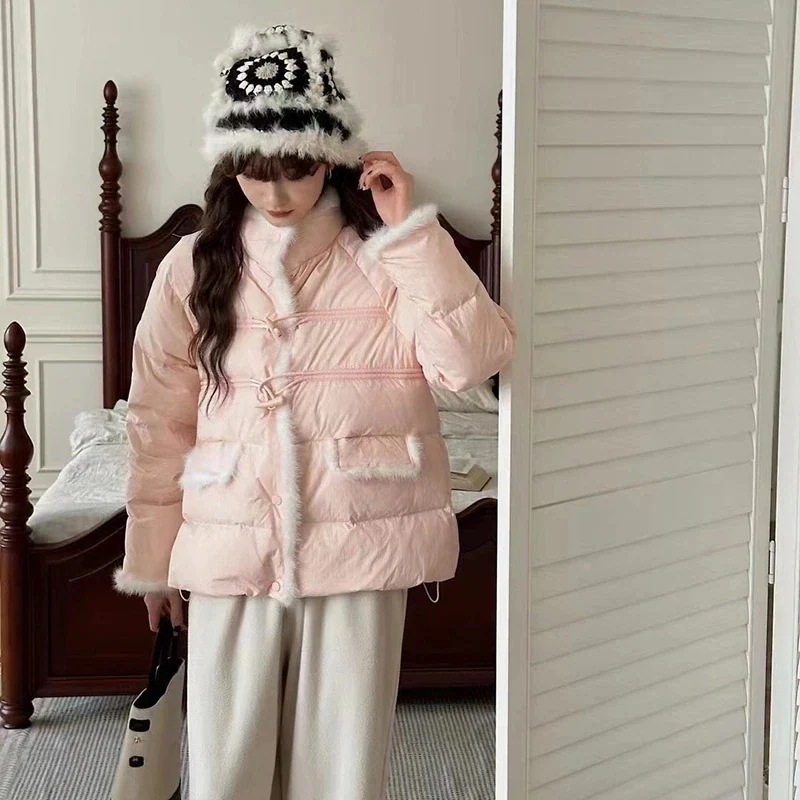 ショート丈 ホワイトダックダウン ミンクファー ダウンジャケット レディース 立襟 かわいい 冬 防寒