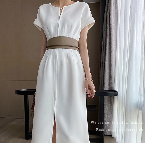 ワンピース 半袖 レディース ロング 膝下 夏 韓国ファッション ハイウェスト ドルマン スリム Ol オフィス おしゃれ 無地 フロントファスナー 白 黒 ホワイト ブラック ドレス 大人上品