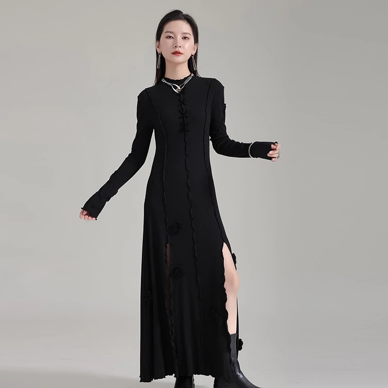 秋冬 ハイウエスト ドッキング ワンピース ニットワンピース 大きいサイズ 体型カバー 長袖 ロングワンピース