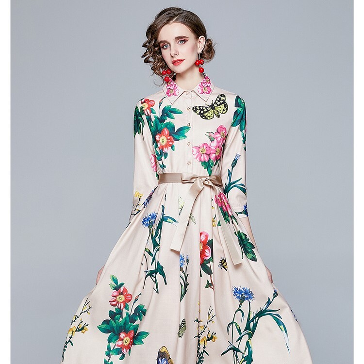 ワンピース シャツワンピース 襟 長袖 膝丈 ミディ丈 ウエストマーク ウエストリボン ハイウエスト Aライン 昆虫 花 植物 蝶々 バタフライ ドレス 春 秋 きれいめ 存在感 主役級 個性的