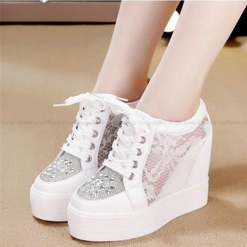 レディース レースアップ ハイカット 6cmインヒール スニーカー キラキラ 厚底 レース ラインス