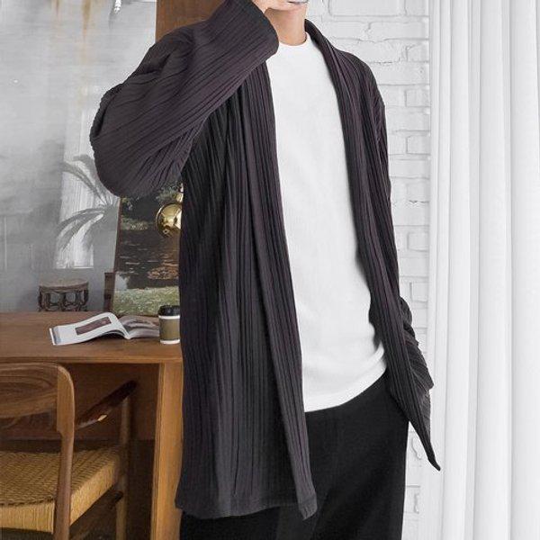 メンズプリーツしわオープンロングカーディガン5C-CA-Q097-チャコール