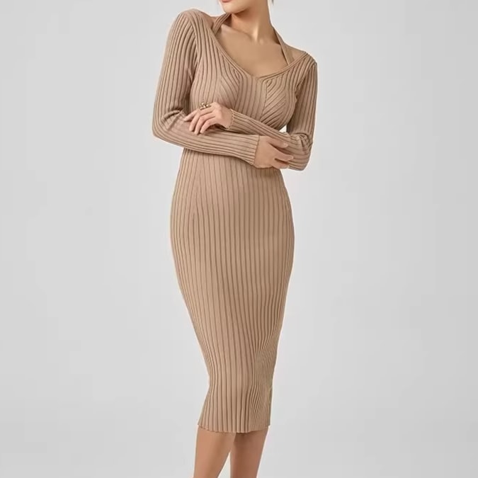 レディース ワンピース ニットワンピース ミモレ ロング 長袖 Vネック ホルターネック オフショルダー タイト Iライン 背中開き リブ かわいい 大人可愛い きれいめ シンプル 上品 おしゃれ
