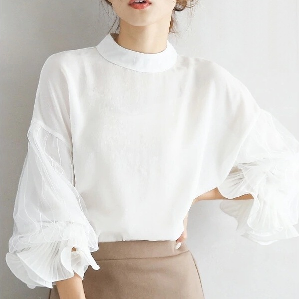 トップス ブラウス スタンドカラー 長袖 キャンディスリーブ ボリューム袖 袖フリル シアー 透け感 無地 ドロップショルダー バックスリット ミディアム丈 レトロ トレンド 大人女子
