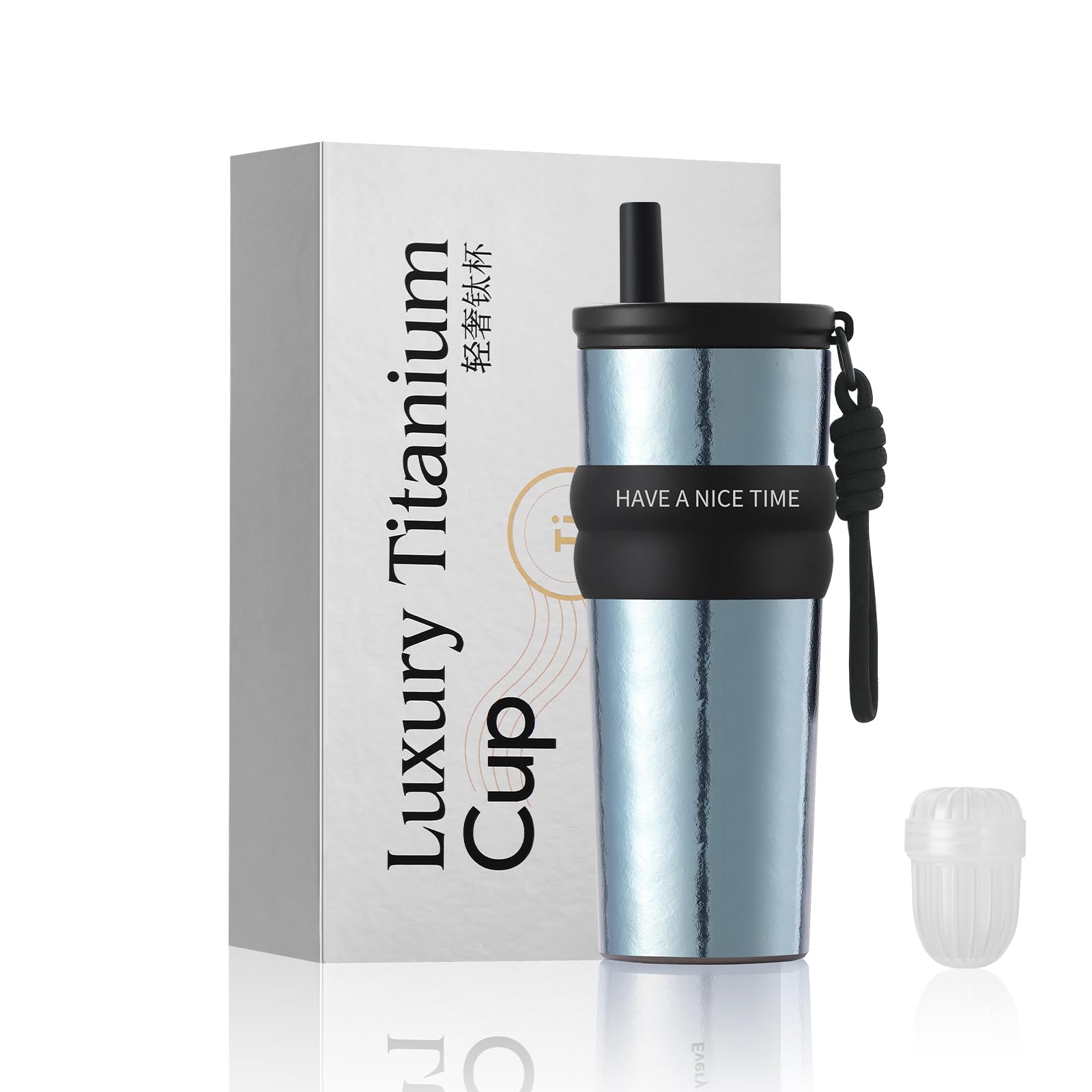 チタン製 コーヒータンブラーチタンストロー＆フタ付き二重構造 真空断熱カップ保温・保冷対応 携帯用 マグカップギフトボックス入りシルバー 24oz (blue)