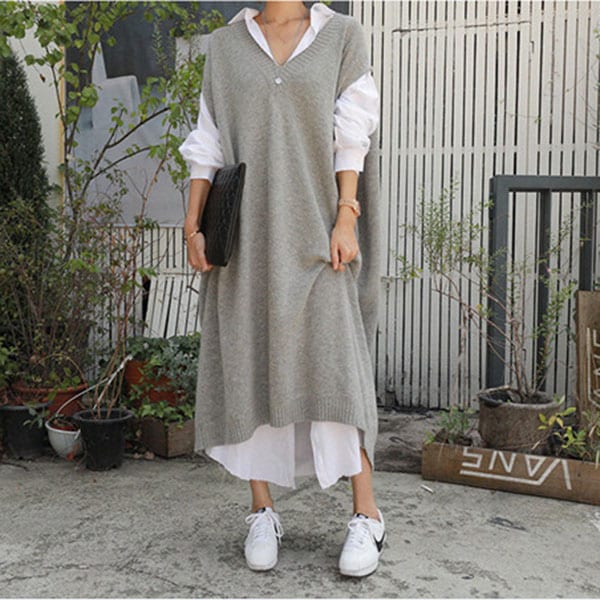 ゆったり ニットワンピース 冬 ミモレ丈 Vネック ロングワンピース ニットベスト レディース ロングベスト デート きれいめ 大人 かわいい エレガント ロング 着痩せ 通学 秋