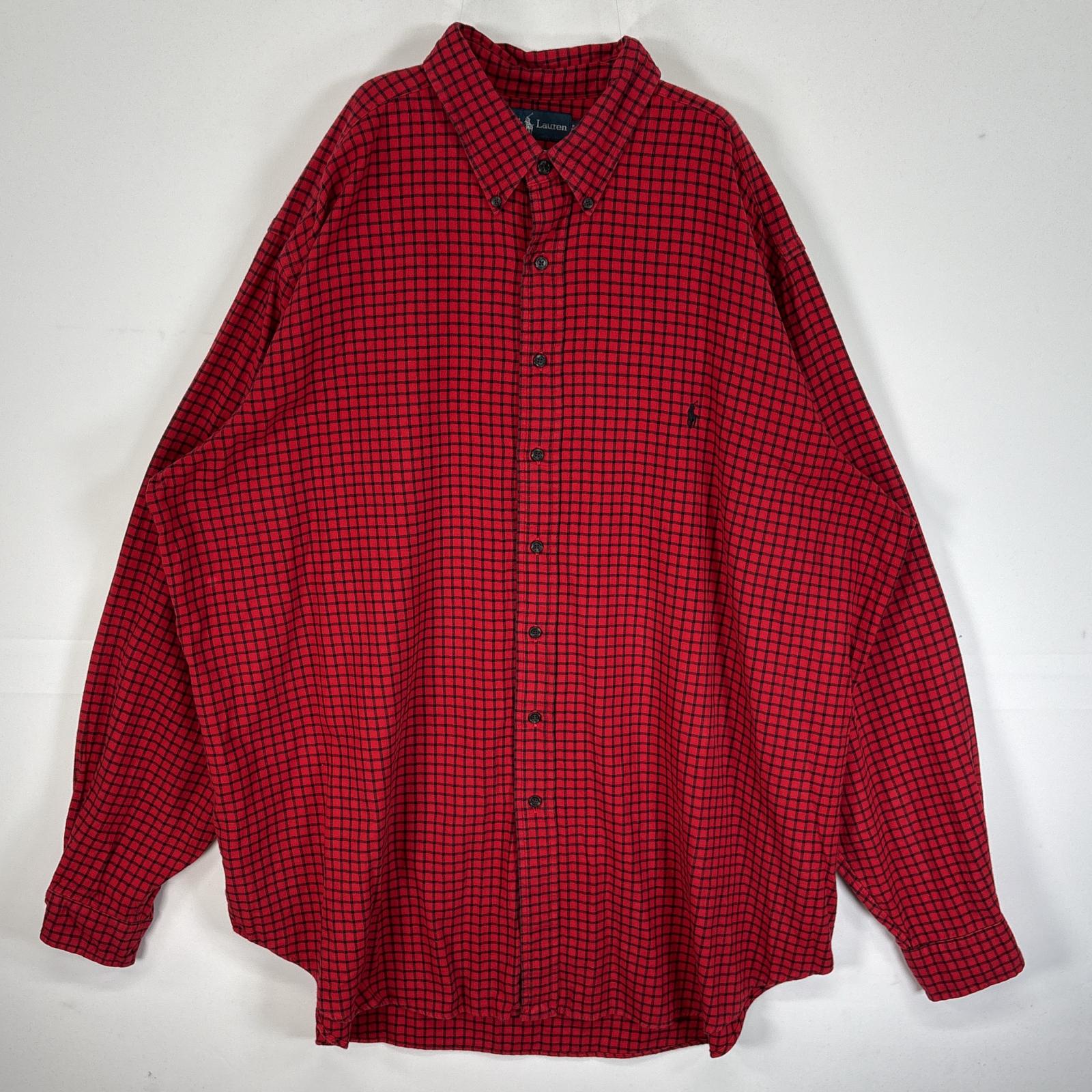 古着 長袖シャツ フランネル 大きいサイズ ロゴ 刺繍 2XLT レッド系 チェック メンズ