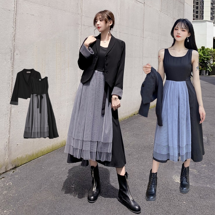 ワンピーススーツ S M L 2L 即納 黒 グレー 大人可愛い セットアップ ぽっちゃり ジャケット チュール 切替 ASY-98926 大きいサイズ デートコーデ