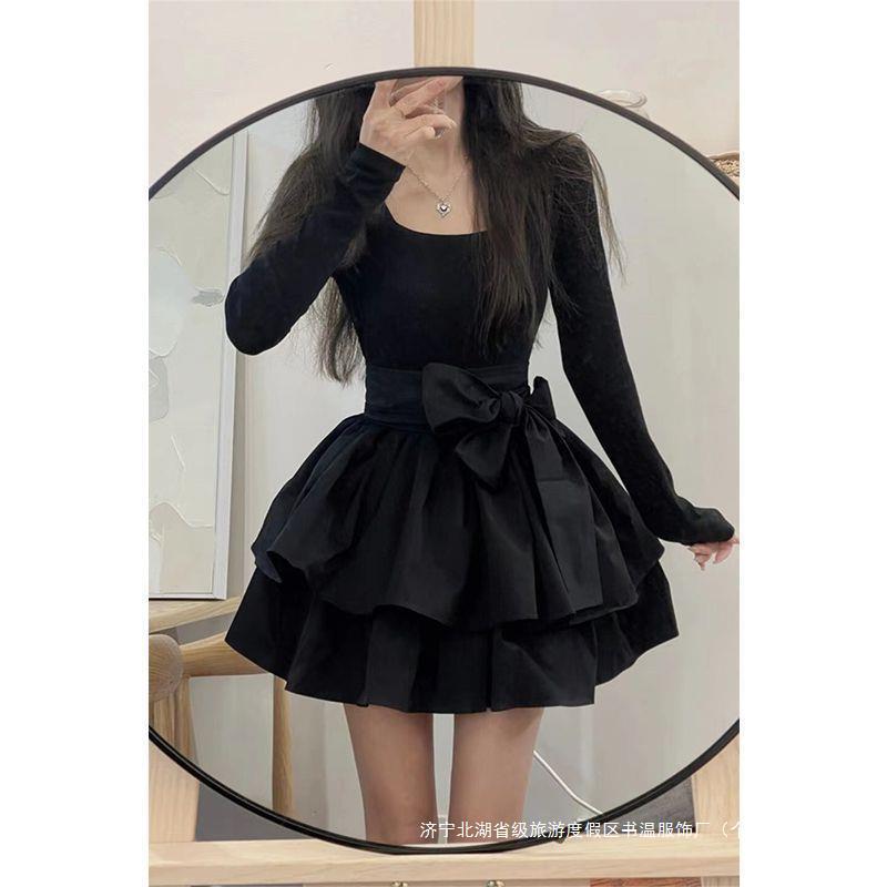 【1つ買うと10つ無料】初秋のドレスは薄くてウエストニットスカートリトルブラックスカートの女性スカート