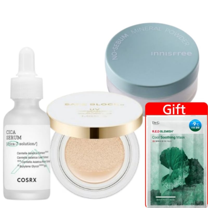 韓国話題のベースメイク＆スキンケアセット！[UVカットクッション＋シカセラム＋ミネラルパウダー3点セット]
