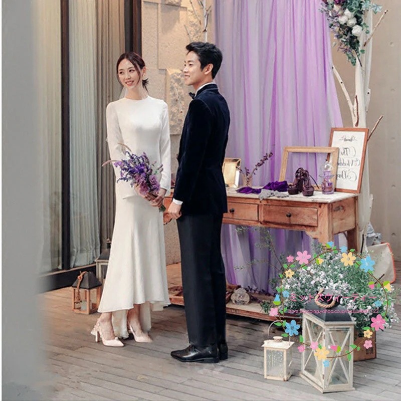 二次会 ウェデイングドレス ウエディングドレス パーティードレス 花嫁 ワンピース 結婚式 長袖 ロングドレス スレンダーライン 挙式 シンプル ラウンドネック