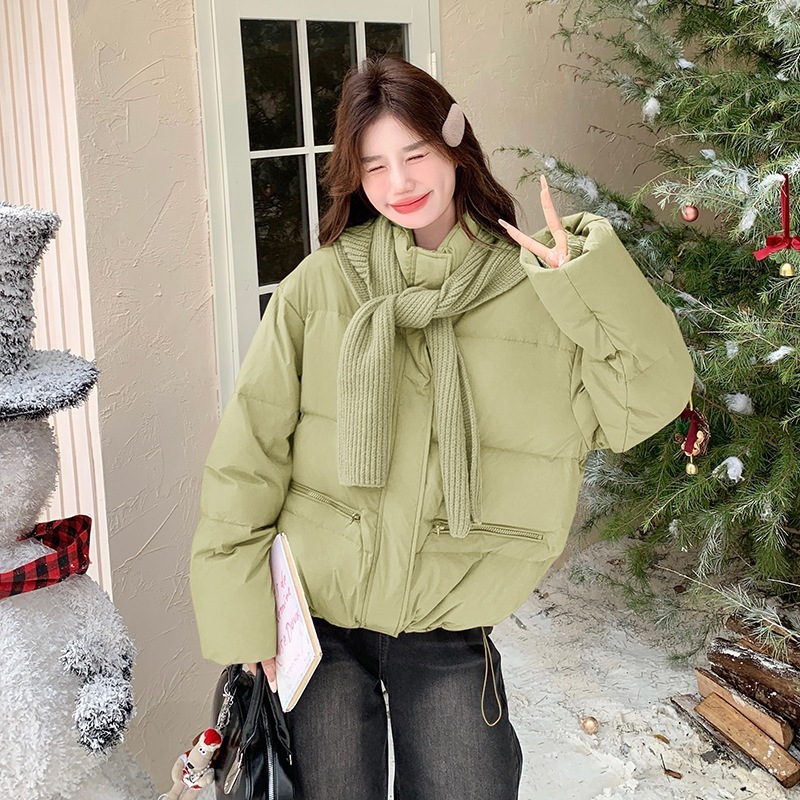 韓国版ショート丈ダウンジャケット2024新型ファッションスタンドカラー脱着可能ニットマフラーキャップ保温コート 8,887円