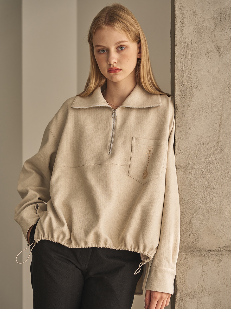 [드 라] 하프집업 셔츠 (크림 헤링본) 오버핏 집업 셔츠