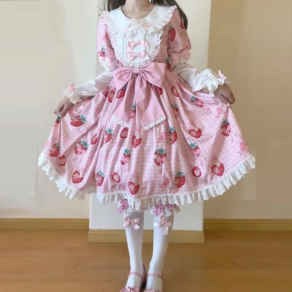 【人気製品 急速出荷】 ロリータ 上下セット スカート可愛い お姫様 Lolita ロリータ服 和風 ロリータ リボン イチゴ柄 刺繍 可愛い アイドル衣装 コスチューム