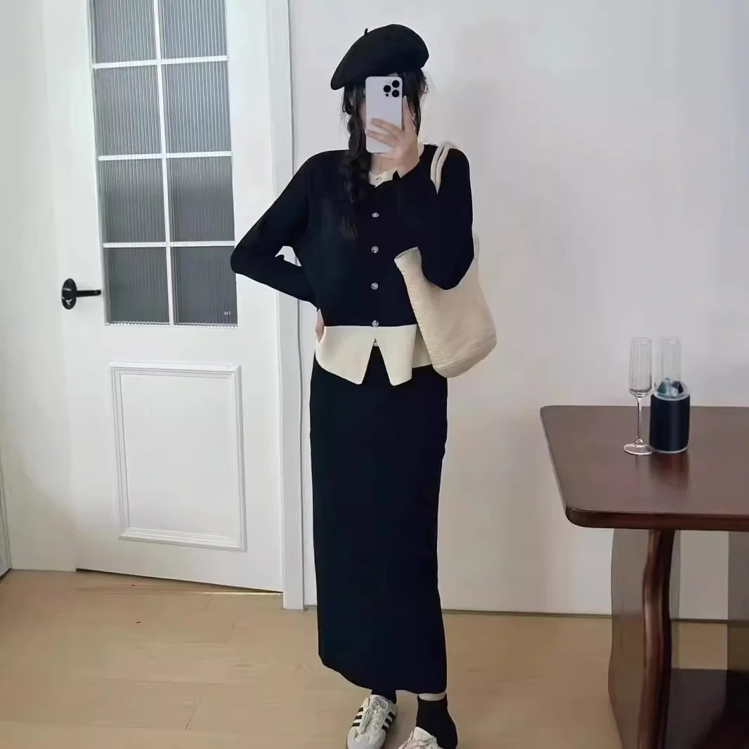 韓国ファッション ニットセットアップ 着痩せ スウェット上下セット ロングスカート スカート アウター ニットカーディガン トップス 二点セット レディース 高級感 体型カバー