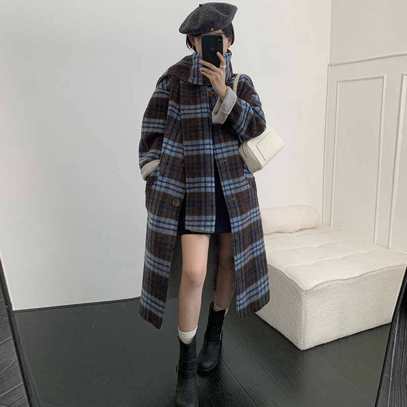 2024秋冬韓国版両面ウールコート女性の中長タイプのマフラー格子ウールコート