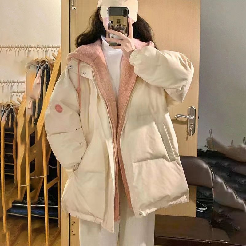 2025 年冬の女性用偽ツーピース ダウン ジャケット新しいルーズ カレッジ スタイル デザインニッチ コットン コート女性用厚いコート