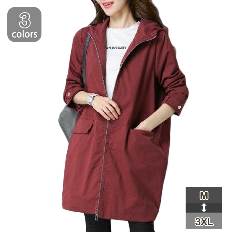 トレンチコート レディース アウター 上着 大人 女性 フード付き コート カジュアル 無地 シンプル ベーシック 20代 30代 40代 ママ お出かけ 公園 春 秋 防風 スプリングコート 前開き