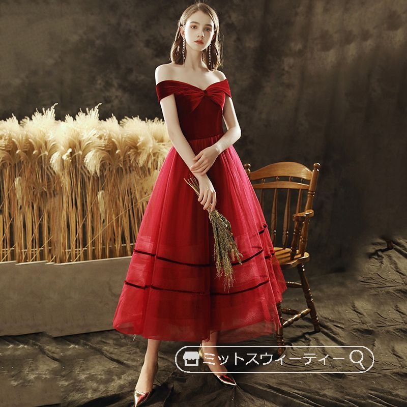 カラードレス レッド オフショルダー 二次会 パーティードレス 演奏会 発表会 花嫁 結婚式 ウェデ