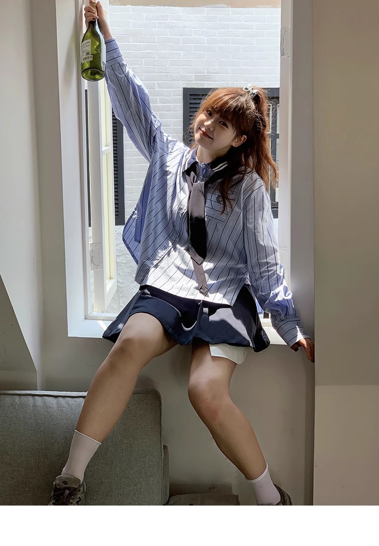 ブルーストライプ 大きいサイズ シャツ 女性 ゆったり カレッジ スタイル 甘い タイ トップ 個性的 トップス シャツ 袖あり 長袖 襟付き きれいめ カジュアル 大人 上品 おしゃれ お洒落