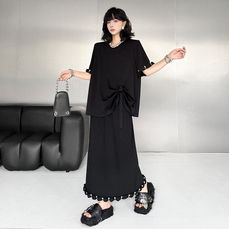 【Noir Mode】2025 夏 新作 ファッション レジャー セット Tシャツ+ウエストゴム ミドル丈 半そでスカート