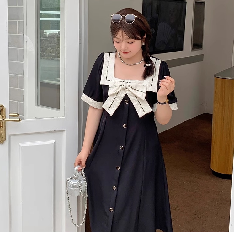 婦人服 フロント 蝶結び ワンピース 夏 個性的 ワンピース 袖あり 半袖 スクエアネック 襟なし 大人可愛い 大人 上品 おしゃれ お洒落 無地 春 夏 秋 10代 20代 30代 レディース 学生