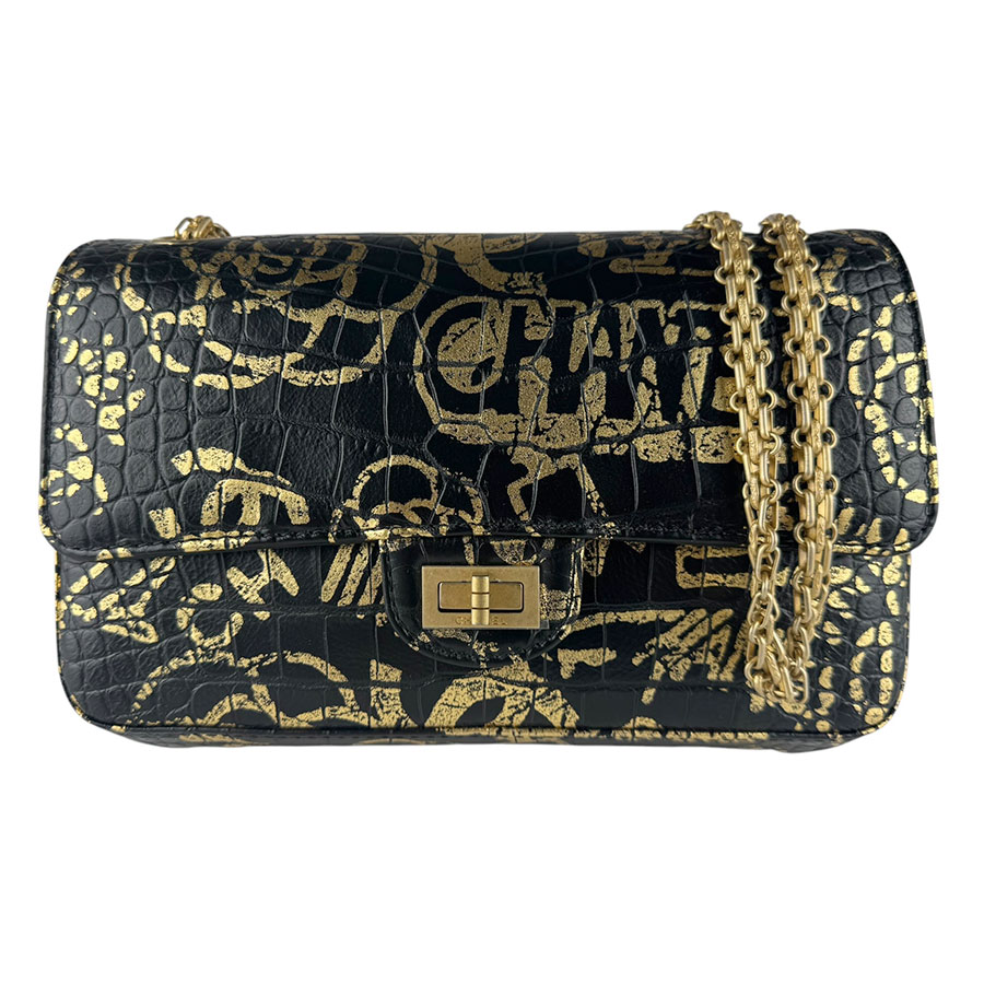 シャネル CHANEL ショルダーバッグ 2.55 型押しレザー ブラック/ゴールド ゴールド レディース z9780