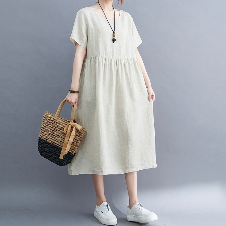 レディース ワンピース 膝下 ミモレ 半袖 Aライン ポケット ギャザー リネン コットン かわいい 大人可愛い きれいめ シンプル カジュアル 上品 おしゃれ レトロ こなれ感 ラフ ガーリー