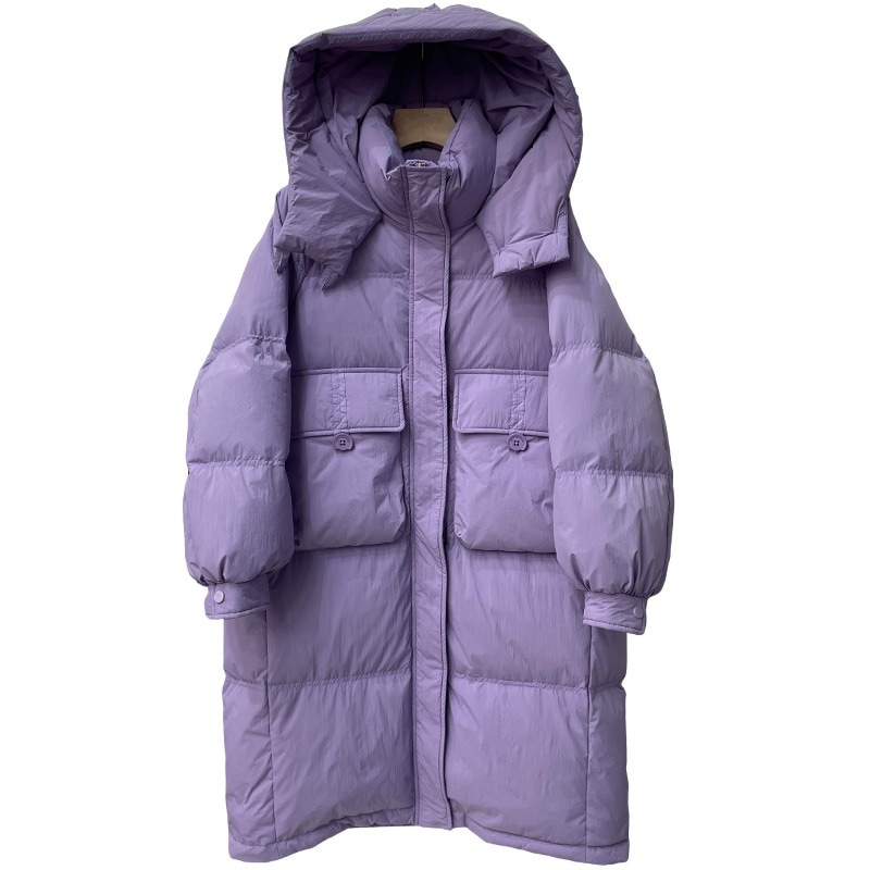 冬のゆったりとした痩せ見えハット付きロングダウンジャケット